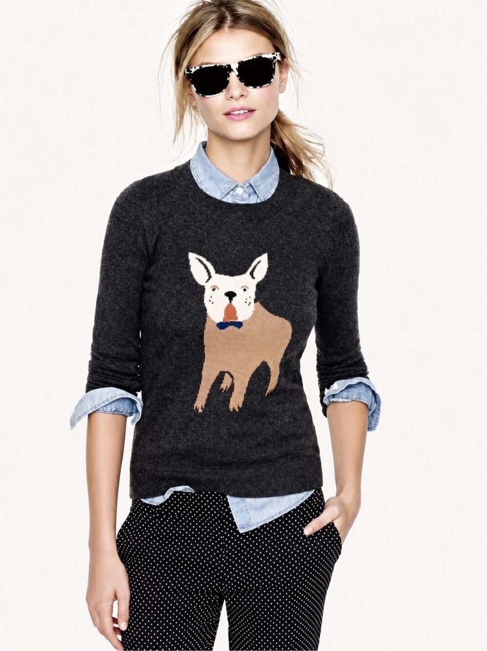 J.Crew French Bulldog Intarsia cashmere , rabbit hair,  Wool blend Crewneck Swea